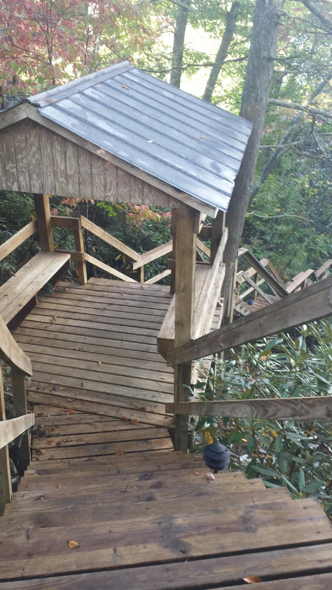Metal roofed shelter over wooden steps on a wooded walkway — Skylight Repair & Installation work by our crew in Annabella